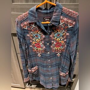 Johnny Was Taline Painter’s Smock Embroidered Button-Up Shirt